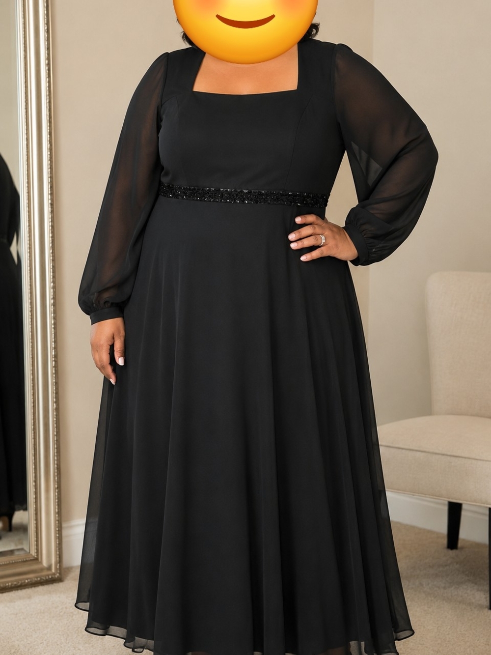 Elegant Black Square-Neck Chiffon Midi Dress